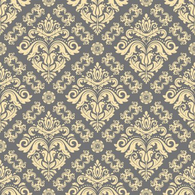 Klasik kusursuz vektör deseni. Damask oryantasyon süsü. Klasik klasik gri ve altın arkaplan. Kumaş, duvar kâğıtları ve ambalaj için doğu deseni
