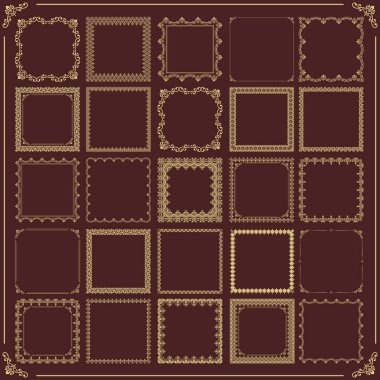 Vintage vektör kalıpları. Dekorasyon ve tasarım çerçeveleri, kartlar, menüler, arka planlar ve monogramlar için kahverengi ve altın kare unsurlar. Klasik desenler.
