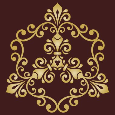 Arabesk ve çiçeklerle süslenmiş doğu vektör süsü. Geleneksel kahverengi ve altın süs. Arabesk ile klasik desen