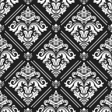 Orient vektörü klasik siyah ve beyaz desenli. Klasik elementlerle kusursuz soyut bir arkaplan. Oryantasyon düzeni. Duvar kağıtları ve ambalaj için süs