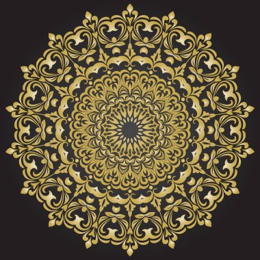 Arabesk ve çiçeklerle süslenmiş doğu vektör süsü. Geleneksel klasik siyah ve altın süs. Arabesk ile klasik desen