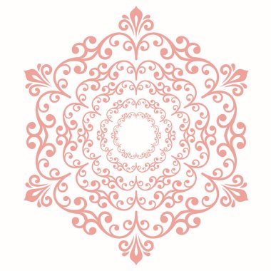 Arabesk ve çiçeklerle süslenmiş doğu vektör süsü. Geleneksel yuvarlak pembe süs. Arabesk ile klasik desen