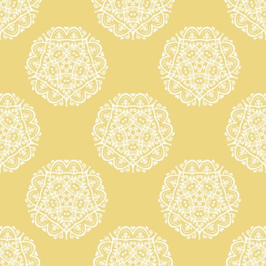 Klasik kusursuz vektör deseni. Damask oryantasyon süsü. Klasik klasik sarı ve beyaz arka plan. Kumaş, duvar kâğıtları ve ambalaj için doğu deseni