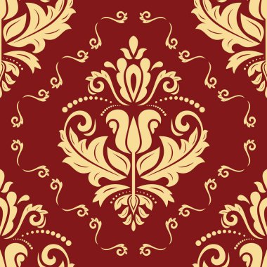 Orient vektör klasik desen. Kusursuz soyut kırmızı ve klasik elementlere sahip altın arkaplan. Oryantasyon düzeni. Süslü barogue duvar kağıdı