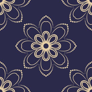 Çiçek taşıyıcı lacivert ve altın süs. Çiçekli kusursuz soyut klasik arka plan. Çiçek elementlerinin tekrarlandığı desen. Duvar kağıdı ve ambalaj için süs