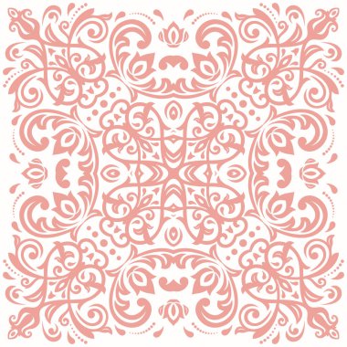 Arabesk kuşakları ve çiçek elementleriyle doğulu pembe vektör süsü. Geleneksel klasik süs. Arabesk ile klasik desen