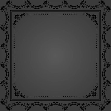 Arabesk ve yön elementleri olan klasik vektör klasik kare çerçeve. Yazı için yeri olan soyut koyu bir süs. Eski model