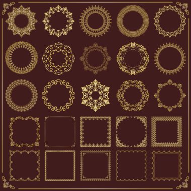 Kahverengi, altın kare ve yuvarlak elementlerden oluşan klasik bir set. Özgeçmiş ve çerçeveler için elementler. Klasik şablonlar. Eski model dizileri