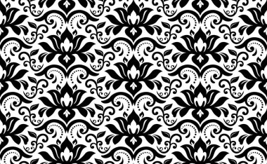 Çiçek vektörü siyah ve beyaz süs. Çiçekli kusursuz soyut klasik arka plan. Çiçek elementlerinin tekrarlandığı desen. Duvar kağıdı ve ambalaj için süs