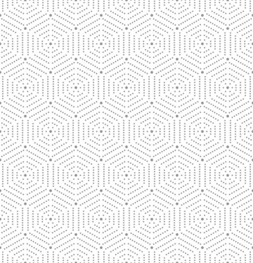 Geometrik tekrarlayan vektör süslemesi altıgen noktalı elementlerle. Geometrik modern noktalı ışık süsü. Kusursuz soyut modern desen
