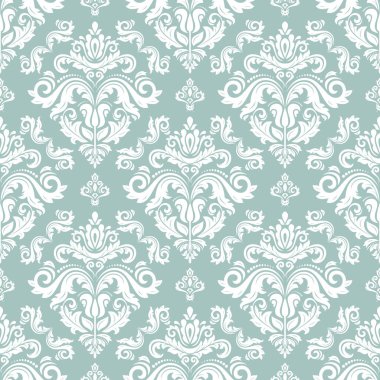 Klasik kusursuz vektör deseni. Damask oryantasyon süsü. Klasik açık mavi ve beyaz arka plan. Kumaş, duvar kâğıtları ve ambalaj için doğu deseni