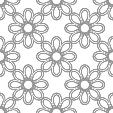 Çiçek taşıyıcı gümüş ve beyaz süs. Çiçekli kusursuz soyut klasik arka plan. Çiçek elementlerinin tekrarlandığı desen. Duvar kağıdı ve ambalaj için süs