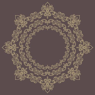 Arabesk ve çiçeklerle süslenmiş doğu vektör süsü. Geleneksel yuvarlak kahverengi ve altın süs. Arabesk ile klasik desen