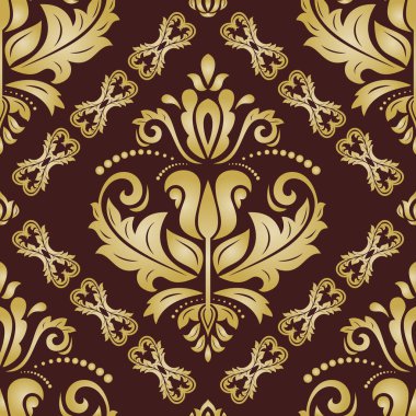 Klasik kusursuz vektör deseni. Damask oryantasyon süsü. Klasik klasik klasik arka plan. Kumaş, duvar kağıtları ve ambalaj için doğu kahverengi ve altın desen
