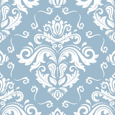 Klasik kusursuz vektör deseni. Damask oryantasyon mavi ve beyaz süs. Klasik klasik klasik arka plan. Kumaş, duvar kâğıtları ve ambalaj için doğu deseni
