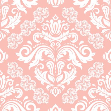 Klasik kusursuz vektör deseni. Damask oryantasyon süsü. Klasik pembe ve beyaz arka plan. Kumaş, duvar kâğıtları ve ambalaj için doğu deseni