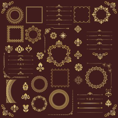 Klasik kahverengi ve altın renkli vektör kümesi yatay, kare ve yuvarlak elementler. Özgeçmiş ve çerçeveler için elementler. Klasik şablonlar. Eski model dizileri