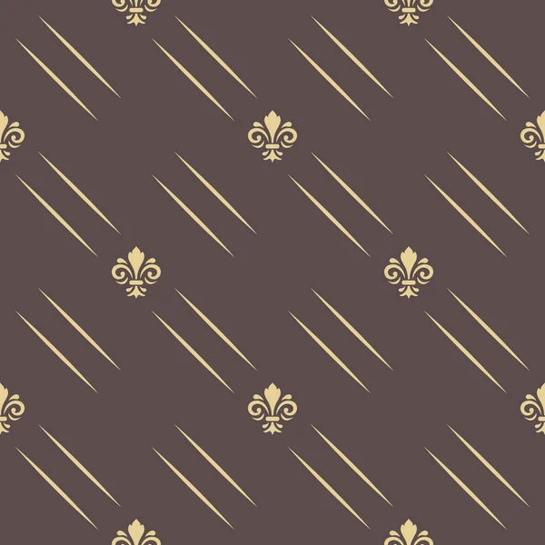 无缝线矢量图样 现代几何装饰与皇家百合花和对角线 经典的褐色和金色背景 免版税图库矢量图片