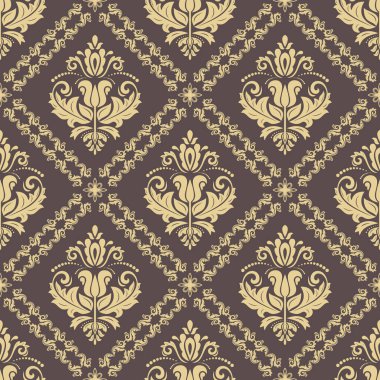 Klasik kusursuz vektör deseni. Damask oryantasyon kahverengi ve altın süs. Klasik klasik klasik arka plan. Kumaş, duvar kâğıtları ve ambalaj için doğu deseni