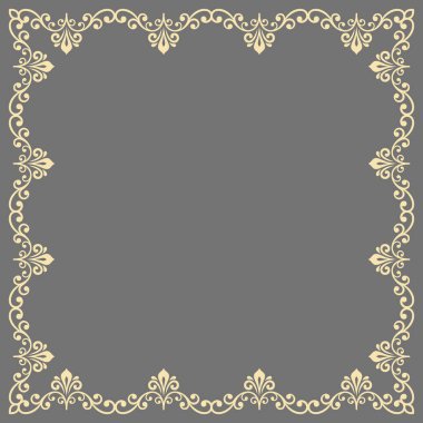 Arabesk ve yön elementleri olan klasik vektör klasik kare çerçeve. Soyut gri ve altın renkli süslemeler. Eski model
