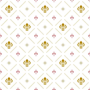 Kusursuz vektör deseni. Altın kraliyet zambaklarıyla modern geometrik süslemeler. Klasik arkaplan