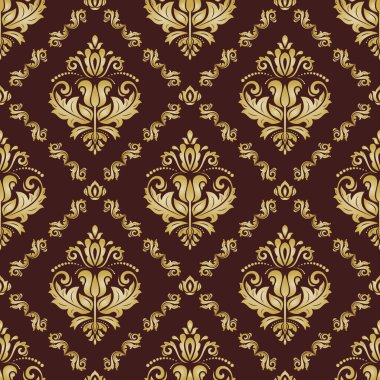 Klasik dikişsiz vektör kahverengi ve altın desenli. Damask oryantasyon süsü. Klasik klasik klasik arka plan. Kumaş, duvar kâğıtları ve ambalaj için doğu deseni