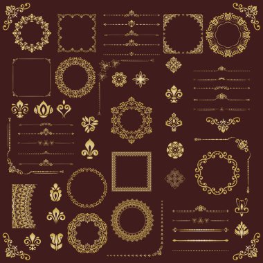 Klasik kahverengi ve altın renkli vektör kümesi yatay, kare ve yuvarlak elementler. Özgeçmiş ve çerçeveler için elementler. Klasik şablonlar. Eski model dizileri