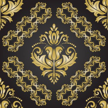 Klasik kusursuz vektör deseni. Damask oryantasyon süsü. Klasik klasik klasik arka plan. Kumaş, duvar kâğıtları ve ambalaj için doğulu siyah altın desen