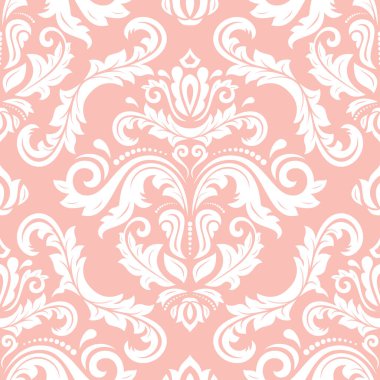 Klasik kusursuz vektör deseni. Damask oryantasyon süsü. Klasik açık pembe beyaz arka plan. Kumaş, duvar kâğıtları ve ambalaj için doğu deseni