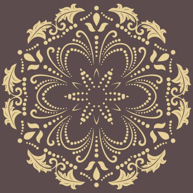 Arabesk ve çiçeklerle süslenmiş doğu vektör süsü. Geleneksel kahverengi yuvarlak süs. Arabesk ile klasik desen