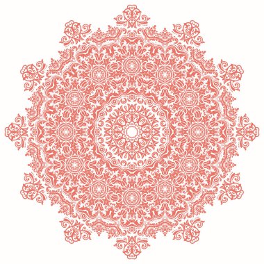 Arabesk ve çiçeklerle süslenmiş doğu vektör süsü. Geleneksel yuvarlak pembe süs. Arabesk ile klasik desen