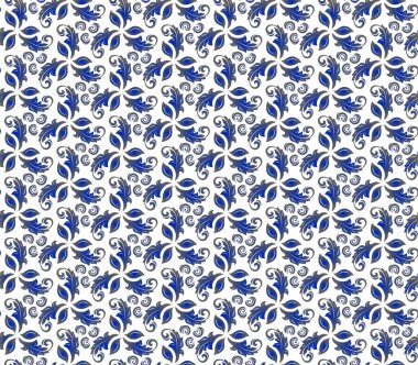 Çiçek vektör süsü. Mavi yapraklı kusursuz soyut klasik arka plan. Çiçek elementlerinin tekrarlandığı desen. Duvar kağıdı ve ambalaj için süs