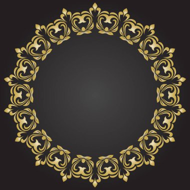 Arabesk ve çiçek elementleri içeren doğu vektör çerçevesi. Çiçekli, siyah, altın rengi, klasik desenli.