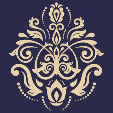 Arabesk ve çiçeklerle süslenmiş doğu vektör süsü. Geleneksel klasik lacivert altın süs. Arabesk ile klasik desen