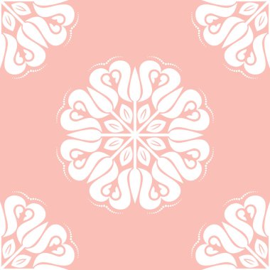 Çiçeksel vektör pembe beyaz süs. Çiçekli kusursuz soyut klasik arka plan. Çiçek elementlerinin tekrarlandığı desen. Duvar kağıdı ve ambalaj için süs