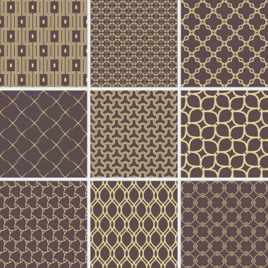 Bir dizi geometrik dikişsiz desen. Geometrik vektör soyut süs koleksiyonu. Tekrarlayan elementlerle altın çağdaş arka planlar