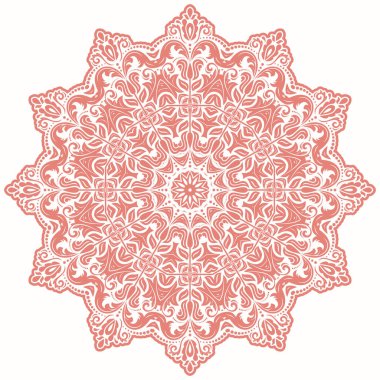 Arabesk ve çiçeklerle süslenmiş doğu vektör süsü. Geleneksel klasik süs. Arabesk ile eski, yuvarlak pembe desen