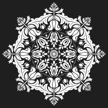 Arabesk ve çiçeklerle süslenmiş doğu vektör süsü. Geleneksel klasik süs. Arabesk ile klasik siyah beyaz desen