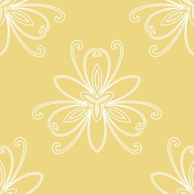 Çiçek vektör süsü. Kusursuz, soyut, çiçekli, sarı, beyaz bir arka plan. Çiçek elementlerinin tekrarlandığı desen. Duvar kağıdı ve ambalaj için süs
