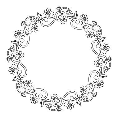 Arabesk ve çiçek elementleri içeren doğu vektör çerçevesi. Çiçeksel yuvarlak siyah beyaz kenar klasik desenli