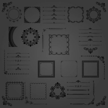 Koyu, yatay, kare ve yuvarlak elementlerin klasik bir kümesi. Özgeçmiş ve çerçeveler için elementler. Klasik şablonlar. Eski model dizileri