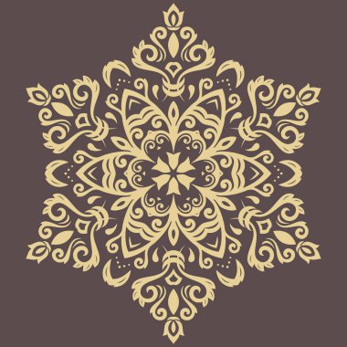 Arabesk ve çiçeklerle süslenmiş doğu vektör süsü. Geleneksel yuvarlak kahverengi altın süs. Arabesk ile klasik desen