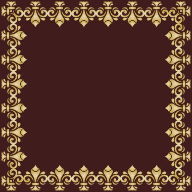 Arabesk ve yön elementleri olan klasik vektör klasik kare çerçeve. Yazı için yeri olan soyut kahverengi altın süs. Eski model