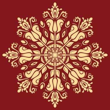 Arabesk ve çiçeklerle süslenmiş doğu vektör süsü. Geleneksel kırmızı altın süs. Arabesk ile klasik desen