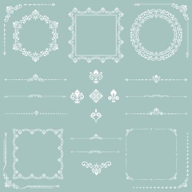 Vintage vektör yatay, kare ve yuvarlak elementler. Özgeçmiş ve çerçeveler için elementler. Klasik açık mavi beyaz desenler. Eski model dizileri