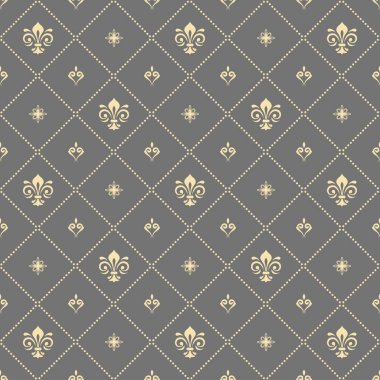Kusursuz vektör deseni. Kraliyet zambaklarıyla modern geometrik süs. Klasik gri altın arkaplan