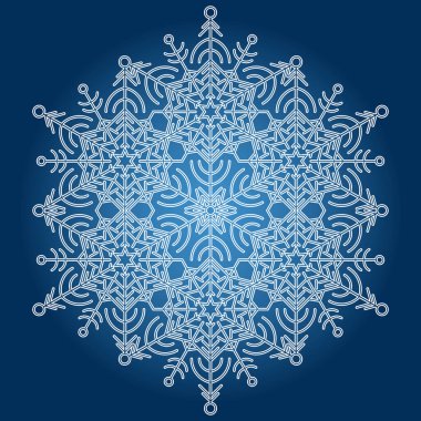 Yuvarlak vektör kar tanesi. Soyut kış süsü. Mavi beyaz altıgen kar taneli desen