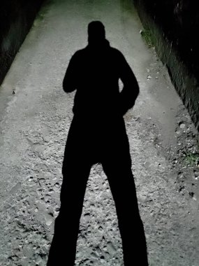 Gecenin karanlığında sokak lambasına gölge düşüren bir adam. Hindistan.