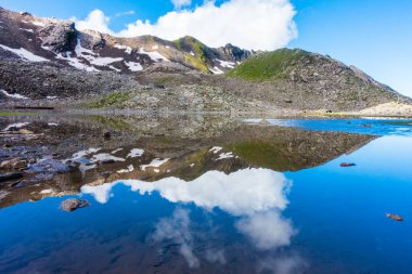 14 Temmuz 2022, Himachal Pradesh Hindistan. Nain Sarovar Gölü 'nün geniş açılı görüntüsü. Shrikhand Mahadev Kailash Yatra Himalayalarda.