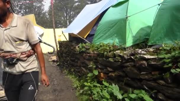 Июля 2022 Химачал Прадеш Индия Люди Рюкзаками Тросточками Время Похода — стоковое видео